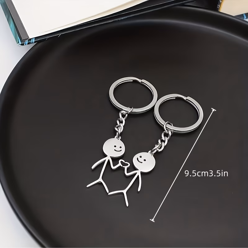 2pcs set stickman matching heart keychain suitable for men cute couple with matching heart pendant alloy key ring for backpack purse bag decoration valentines gift for him her everyday accessory