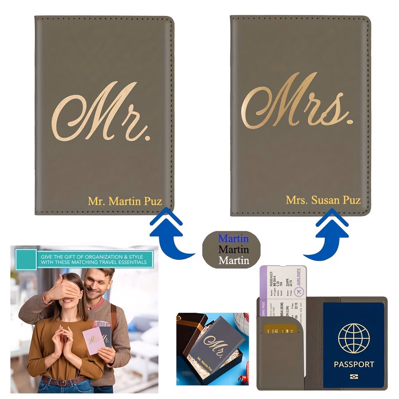 custom passport holders with couples names suitable for gifts wedding favors passport sleeves card holders ticket holders and customizable for men and women