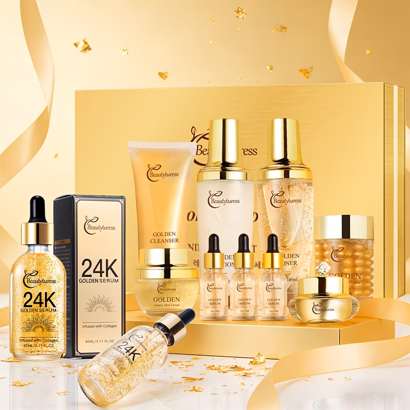 9pcs 2boxes golden facial skincare set featuring 24 serum moisturizing with hyaluronic acid and glycerin gentle and non irritating ideal for types perfect festive gift or valentines day present for