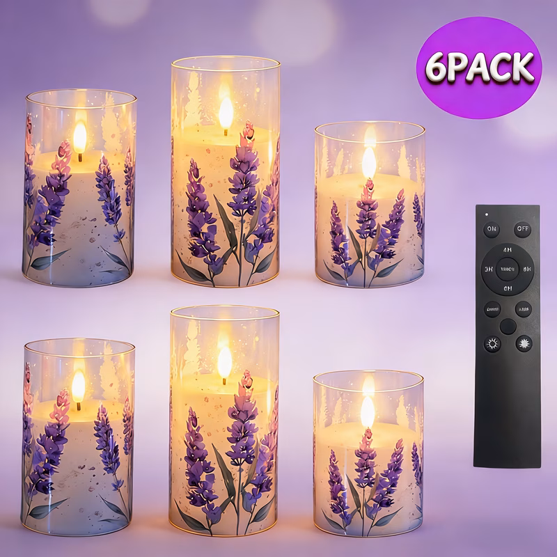 flameless electronic candles in sets of 3 or 6 lavender and with a large black remote control battery operated batteries not included timer candles lavender led candles romantic ambiance lights