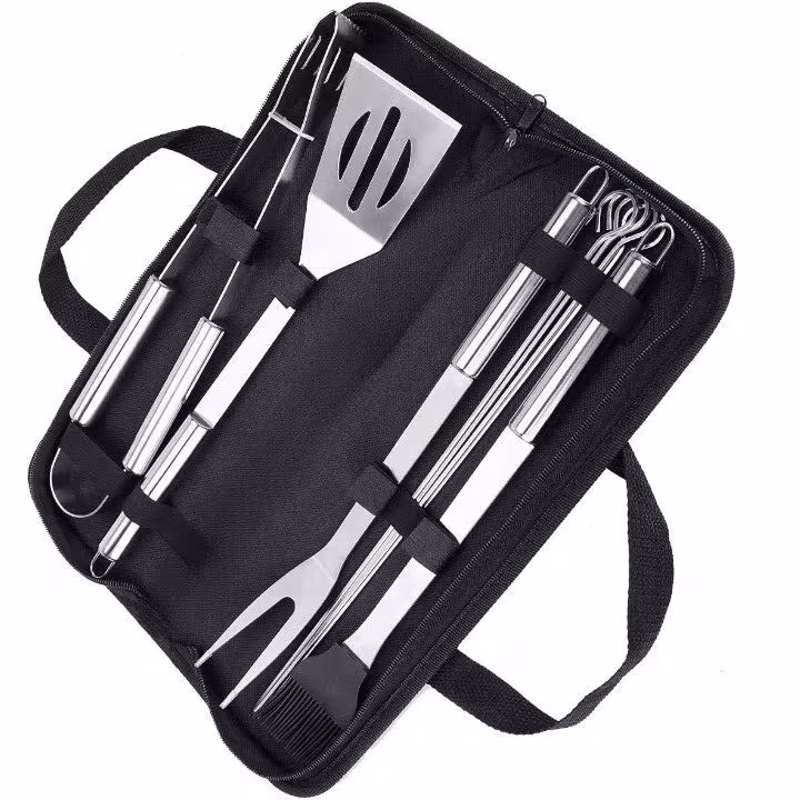 9pcs stainless steel barbecue tool set with fork spatula tongs and brush oxford cloth bag outdoor barbecue kit handle mounted oil brush barbecue spatula square skewer fork tongs