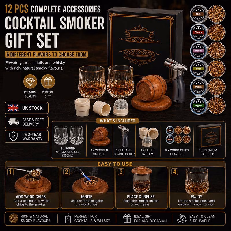 premium whiskey kit with torch 6 wood 2 glasses 2 ice molds bourbon cocktail infuser set ideal gift no butane included oak smoke top xmas gifts fathers day gifts holiday gifts boyfriend father husband