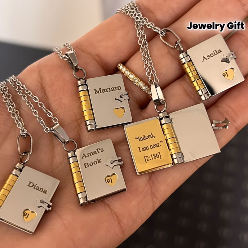 personalized book pendant necklace stainless steel book pendant with engraved name custom jewelry gift birthday gift holiday gift perfect gift for and her