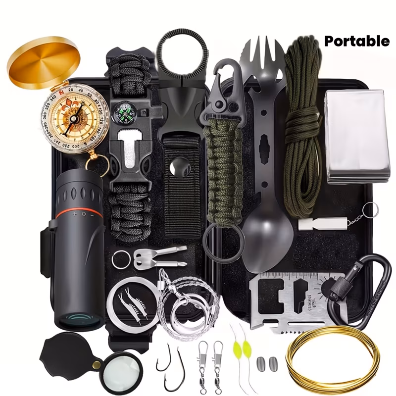 17 in 1 survival kit essential outdoor camping hiking gear with compass monocular whistle wire saw edc card blanket spork fishing tools portable adventure set abs material men dad husband