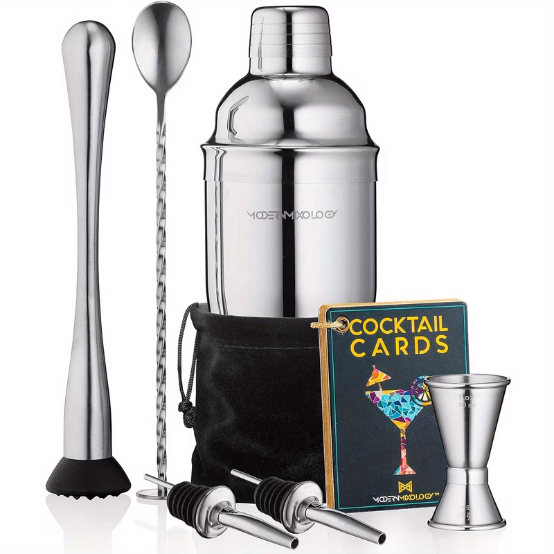 8pcs bartender shaker set drink mixer portable bartender kit with 24oz martini shaker barware tool set 2 pourers muddler jigger mixing spoon velvet bag built in strainer