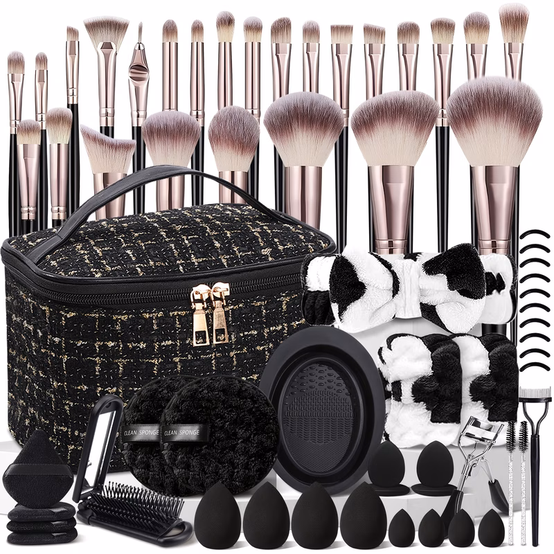 on the go makeup set 25 compact brushes makeup sponges storage bag headband wristbands cleaning sponge makeup brush cleaner bowl folding comb with mirror eyelash curler eyelash comb separator gift for