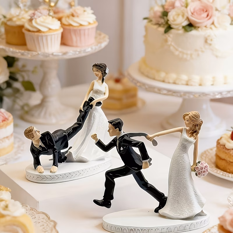 2pcs fun wedding decoration ornaments resin bride and groom dragging statue humorous wedding decor for desktop bookshelf novelty bridal shower gifts