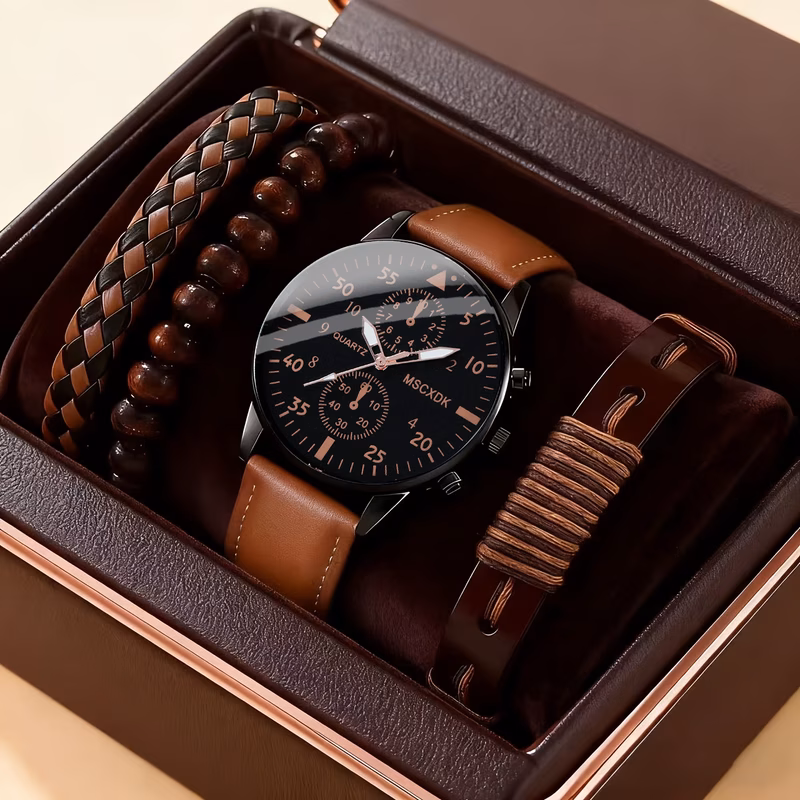 4pcs new mens round quartz watch and braided bracelet combo set for daily wear parties valentines day men dad gift for gift box not included