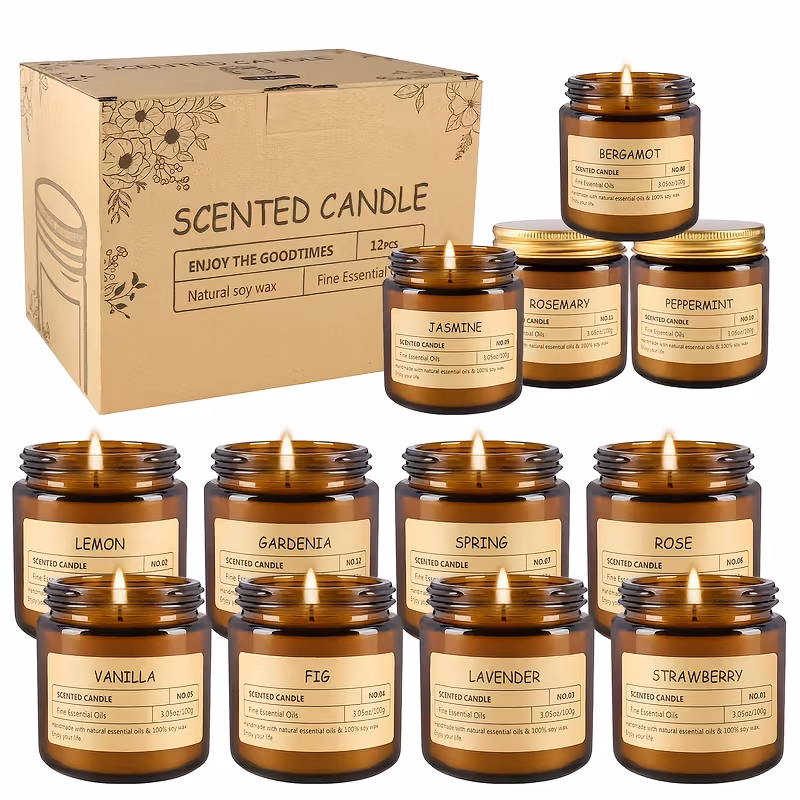 12pcs bottle scented candles made of high quality soy wax features scents like rose lavender lemon premium vintage amber gift candle suitable for valentines day birthday wedding party home decoration