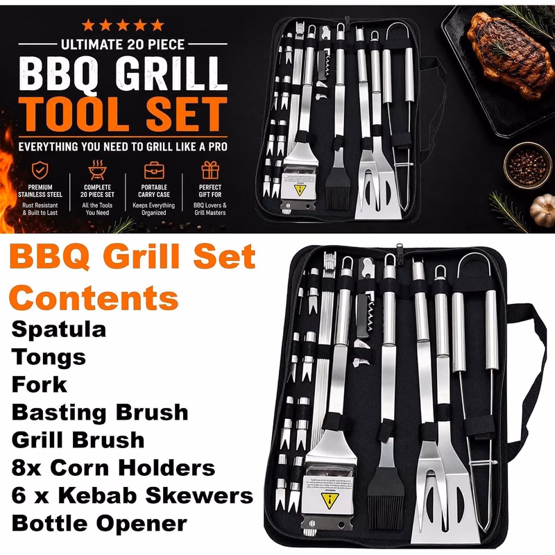 20pcs grill tool set stainless steel bbq accessories kit with carry case