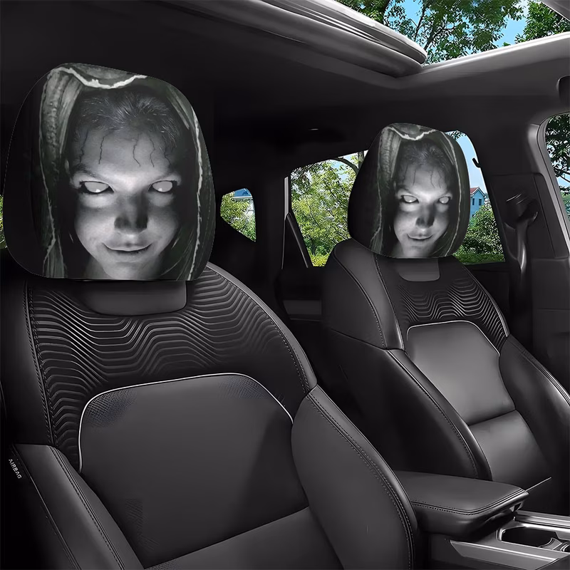2pcs spooky ghost portrait printed car headrest covers protectors washable and easy to clean suitable for and remove ideal for road trips and long drives