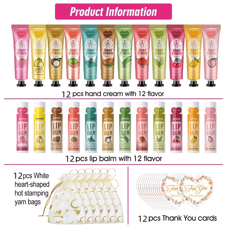 12 sets box lip balm and hand cream set with heart shaped bag and thank you card pre assembled bridal wedding favors for guests corporate team building gift distribution gifts for women party favors
