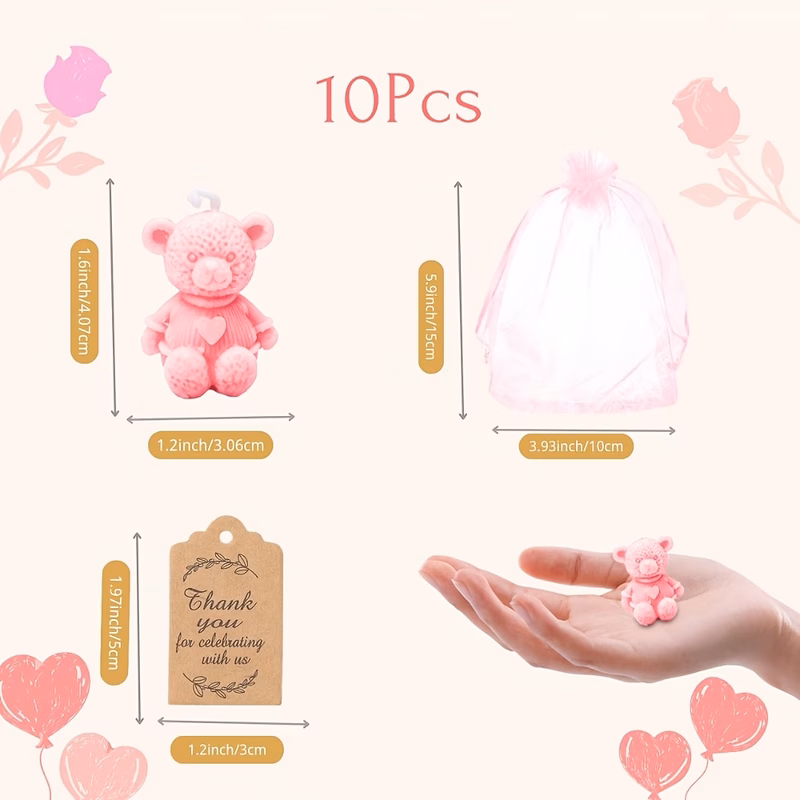 10pcs bear candles with thank you tags and sheer organza gift bags mini candles for birthdays wedding welcome decor celebration souvenirs valentine day party decor