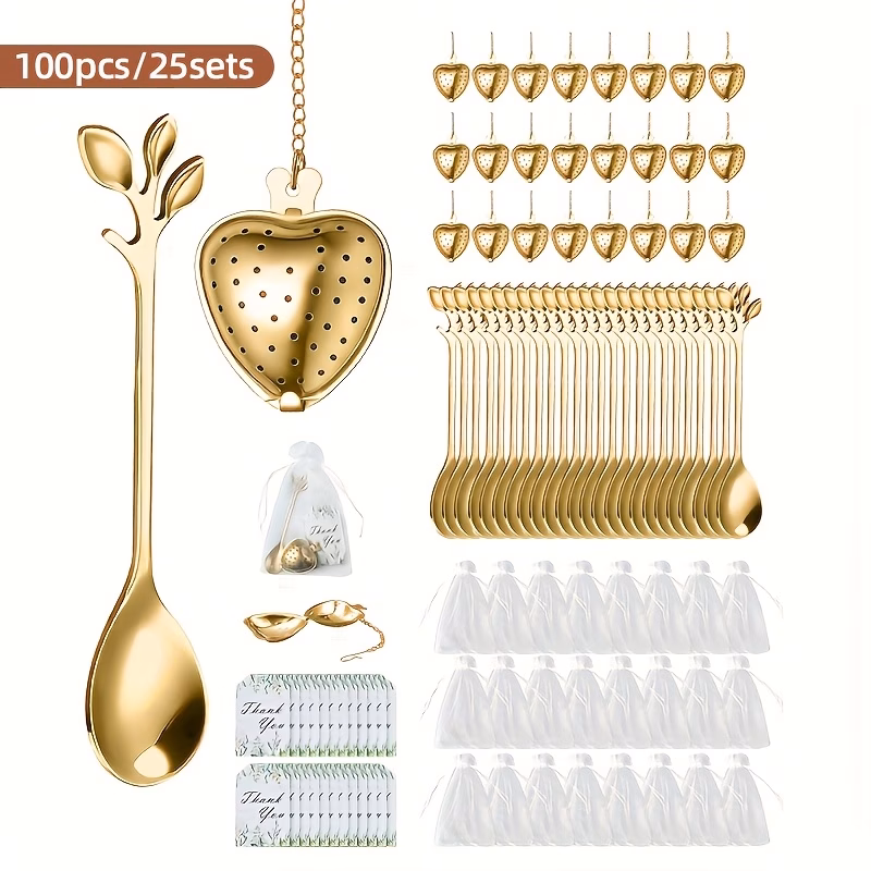 100pcs light luxury set gift box set serves 25 14cm heart shaped tea infuser 12cm leaf pattern tea spoon drawstring gift bag exquisite thank you card high end decoration for weddings parties suitable