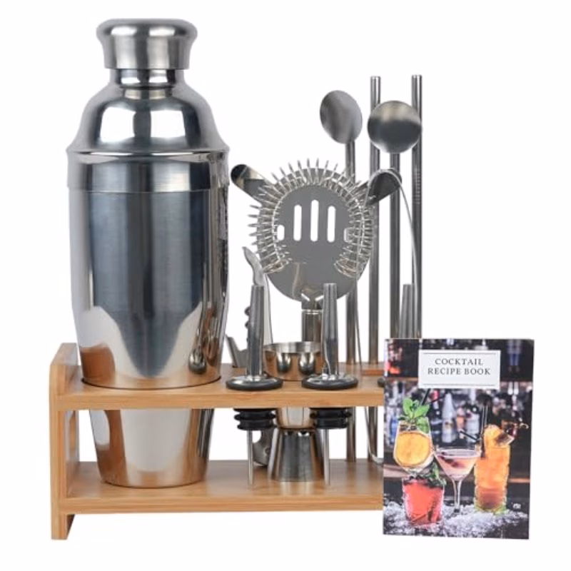 15pcs cocktail making set 720ml cocktail shaker with wooden display stand and 22 recipe cards stainless steel bartending kit for home bar mixology gift set