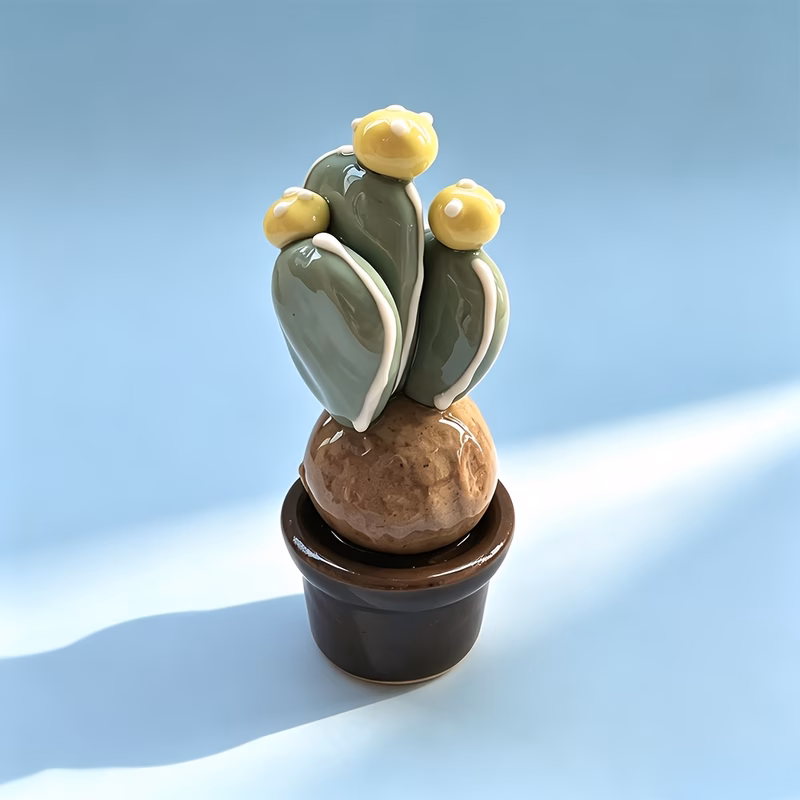 handcrafted mini ceramic cactus figurine tiny artificial succulent potted decor neutral aesthetic table accessory handmade gift for girls bookshelf cabinet mini greenery decoration pocket sized plant