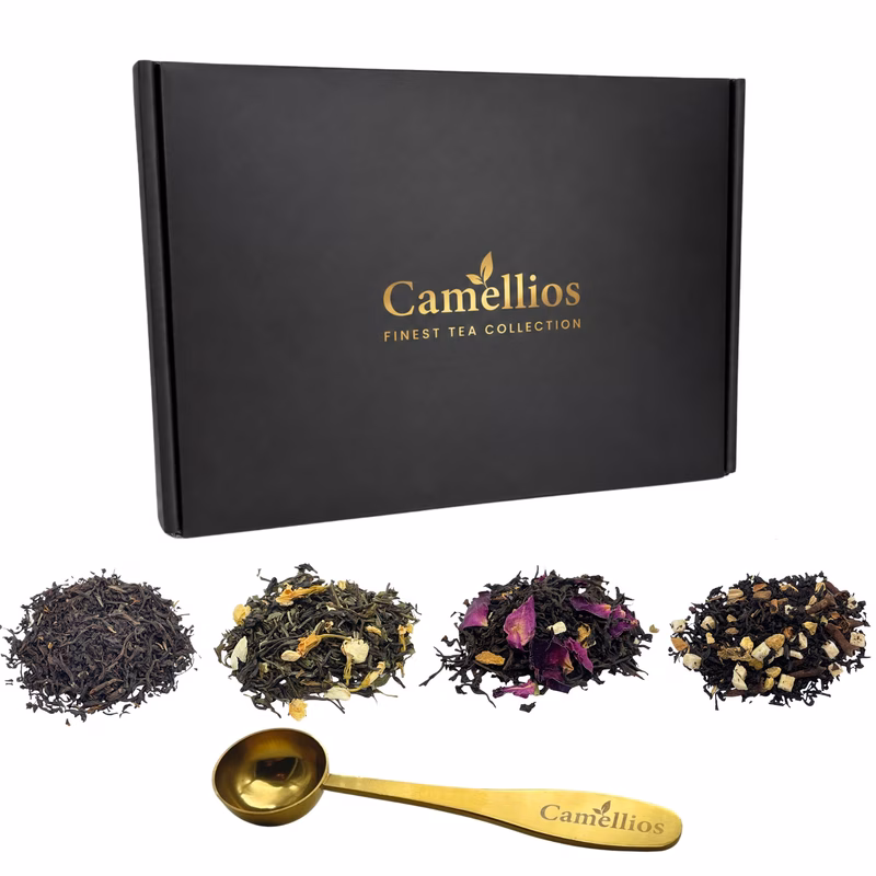 gift set with measuring spoon 4 premium loose leaf 4 25 cups grey chai jasmine mint green tea luxury gift box