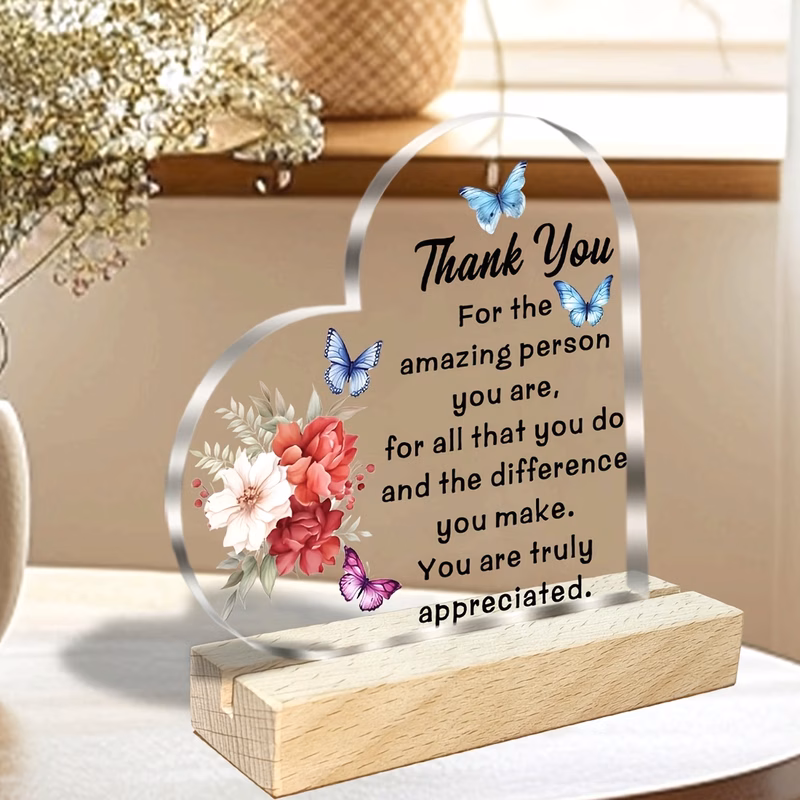 2d flat heart shaped acrylic plaque with wooden base elegant suitable for women teachers friends desk decor tabletop for office decoration gift commemorative award for class present 2d flat
