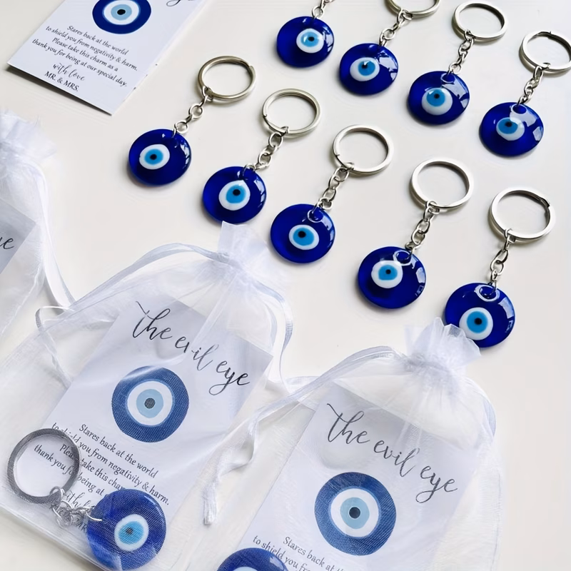 36pcs blue keychain gift 12 sets good luck amulets with organza bags cards for wedding favors bridal showers parties
