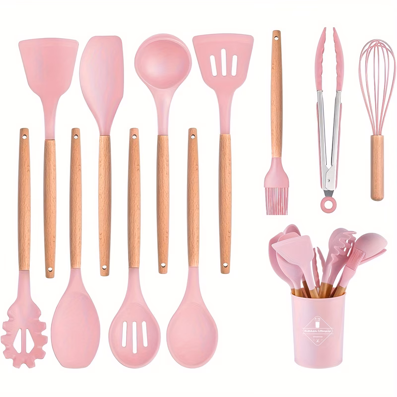 silicone kitchen utensils set with holder 12pcs cooking utensils set with wooden handle heat resistant kitchen gadgets utensil set