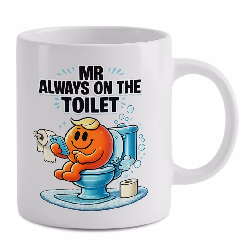 funny mr on the toilet coffee mug humorous novelty bathroom joke ceramic cup sarcastic orange character phone graphic tea mug 11 oz drinkware prank secret santa gag gift for men husband boyfriend micr