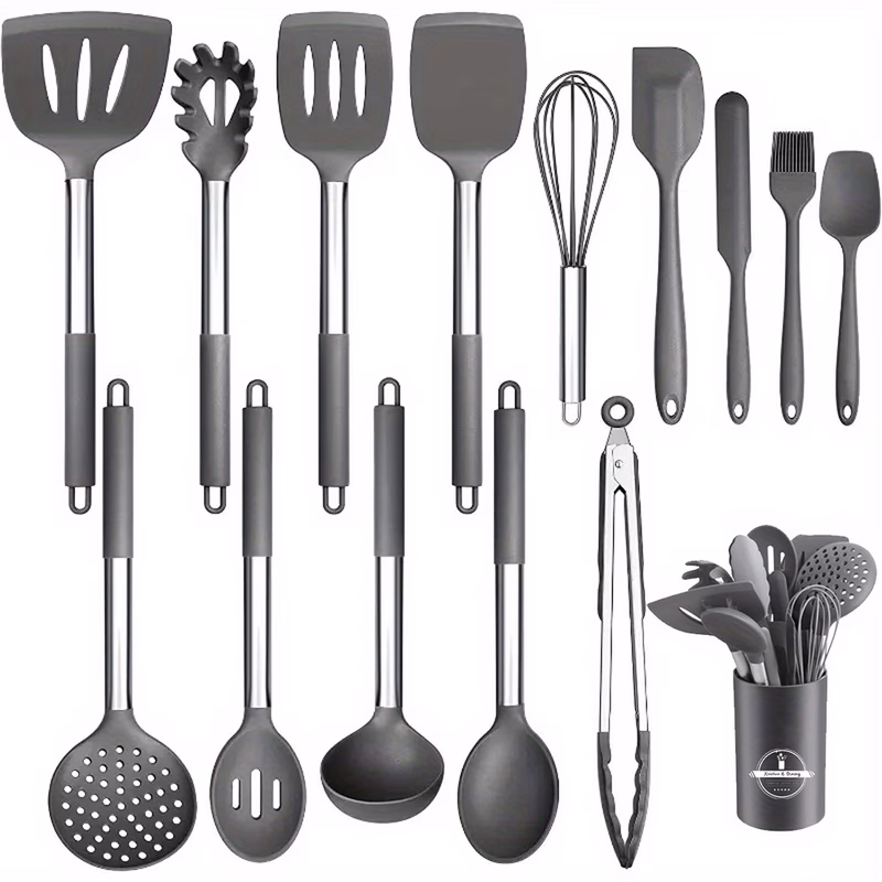15 silicone kitchen utensil set stainless steel handles essential cooking tools s d spatula ladle whisk tongs more sleek black kitchen organization