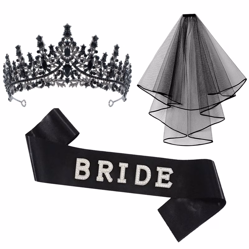 3pcs black tiara veil sash set 2 styles for bachelorette party