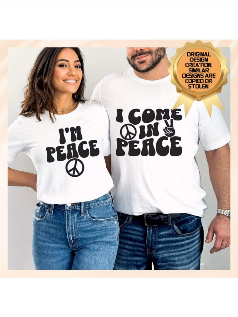 1pc retro couples t shirt cotton white crew neck short sleeve soft comfortable casual loose fit tee with i peace graphic print his hers matching shirts ideal gift for anniversaries valentines day desi