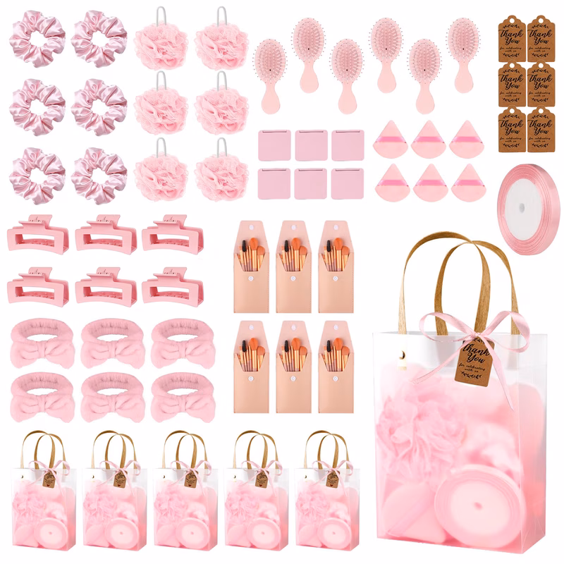 11pcs 61pcs pink bath and set hair ties headbands combs makeup mirrors blush clips gift bags thank you cards ideal for wedding parties sleepover parties valentines day and more