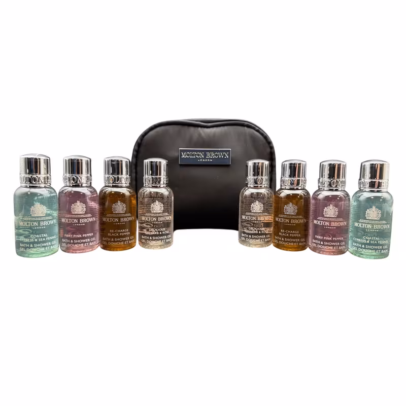 brown bath shower gel unisex gift set with cosmetic bag 8 x 30ml mini bottles