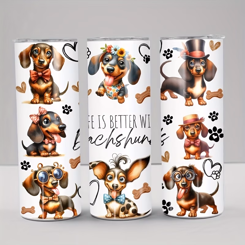 20oz stainless steel travel mug with dachshund design double wall vacuum insulated leakproof lid straw set ideal for hot cold drinks home car sports outdoor activities great gift for dog lovers