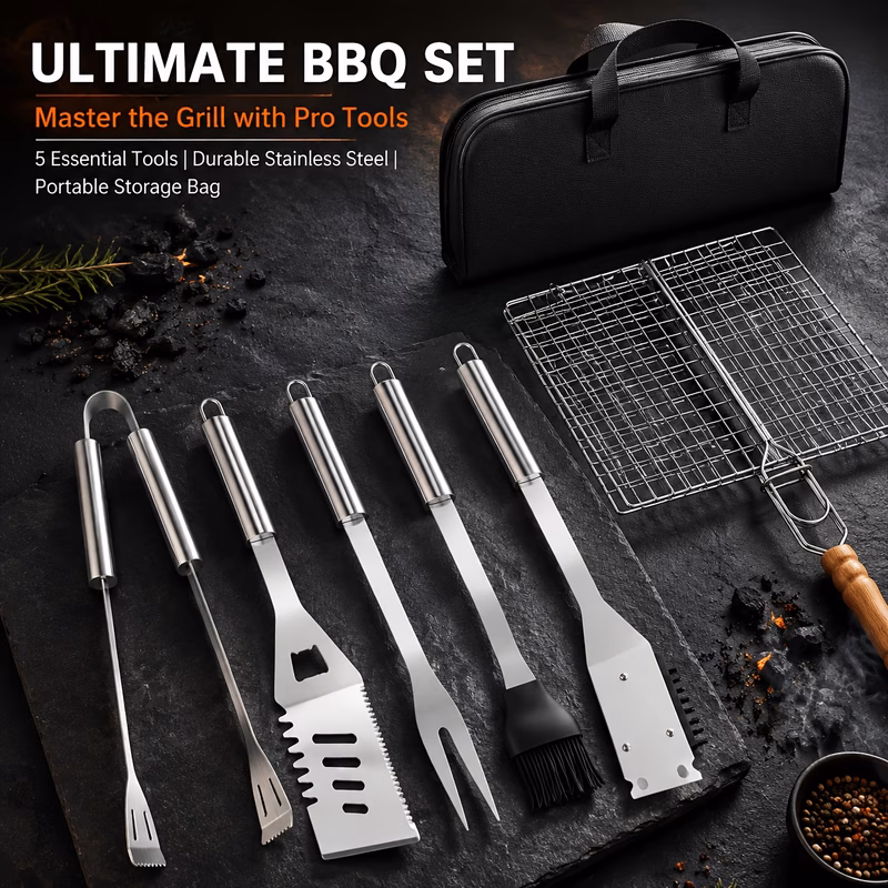 6 5pcs set of stainless steel bbq tool kits portable bbq utensil set with storage bag suitable for outdoor grilling camping backyard use practical bbq additions used with bbq basket