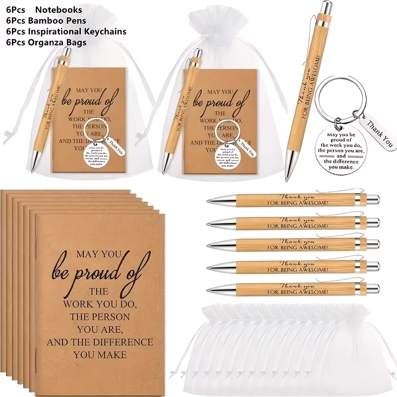24 piece motivational gift set 6 bamboo pens 6 inspirational notebooks 6 stainless steel keychains 6 gift bags with office employee teacher nurse appreciation retirement christmas thanksgiving hallowe