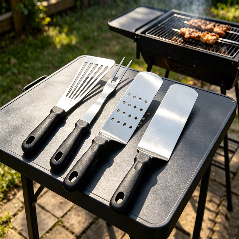 4pcs stainless steel bbq spatula set with plastic handles meat fork fish spatula long s d spatula long solid spatula fork and spatulas with non slip heat resistant flat flippers suitable for barbecuin