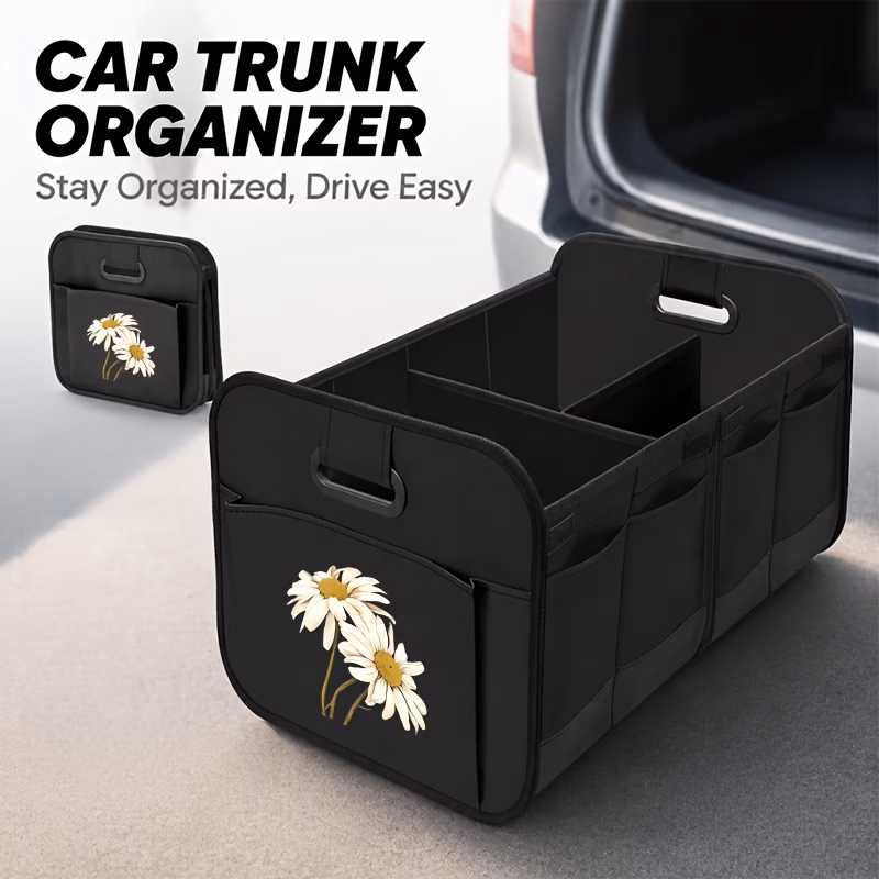 1pc vintage white daisy flower pattern print car folding storage box black minimalist luggage organizer space saving dust proof durable oxford material ideal for travel vehicle organization vehicle or