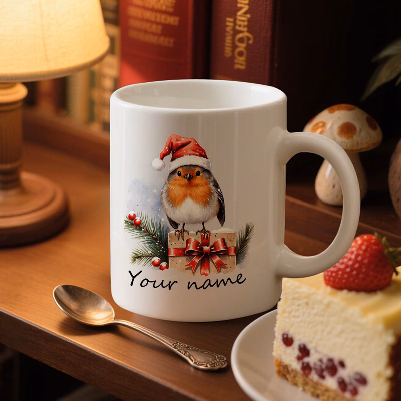 personalized christmas robin mug adorable bird and santa hat custom name ceramic coffee cup unique holiday gift for bird lovers christmas new year secret santa birthday gift for