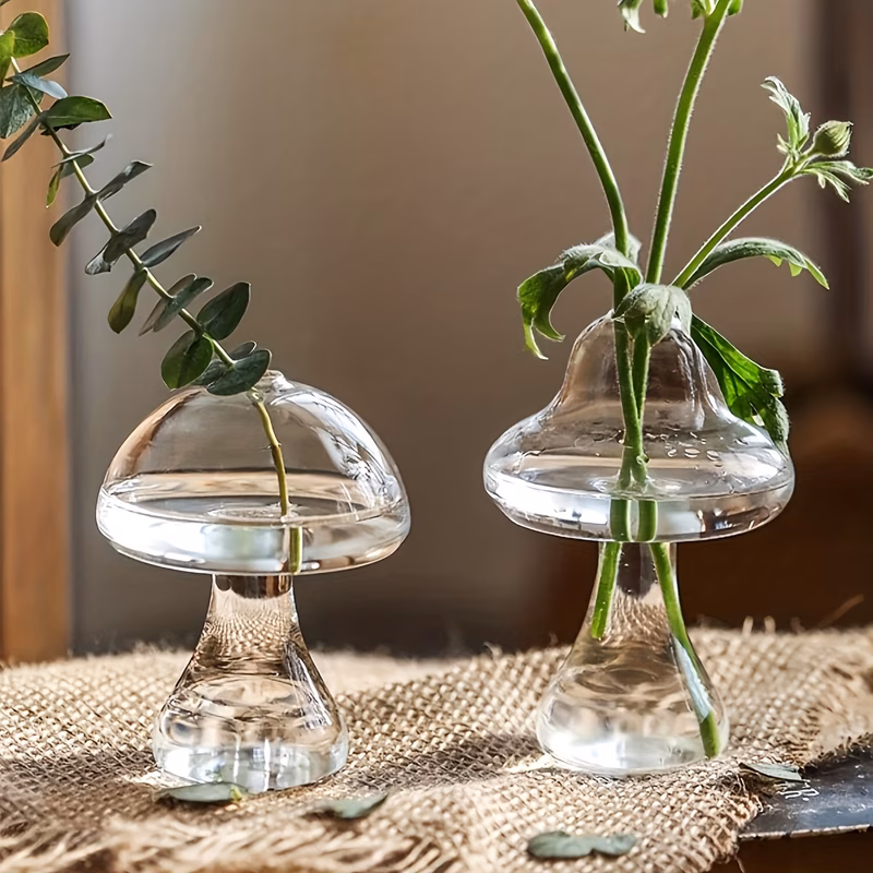 1pc of creative mushroom vase a transparent glass flower holder suitable for decorating and living rooms ideal for indoor plant hydroponics and as a tabletop ornament