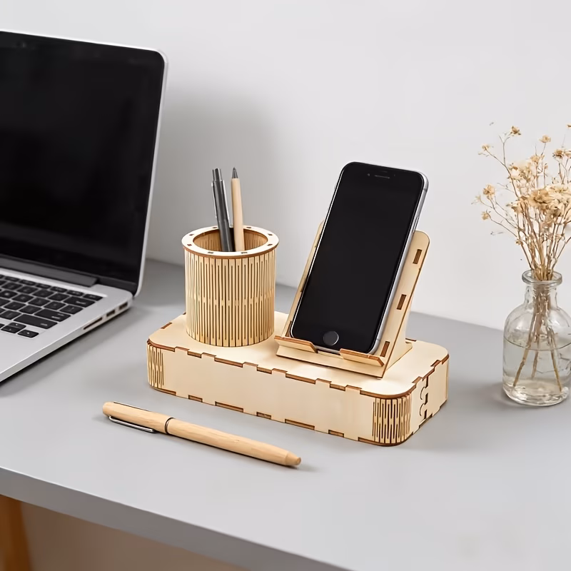creative diy phone stand and pen holder 2 in 1 model building kit wooden assembly dimensions 18cm 9cm 11cm handmade diy material kit perfect gift for friends multi functional desktop organizer and dec