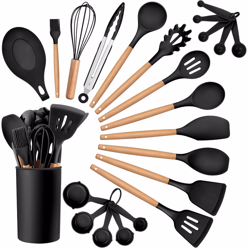 23 pcs silicone utensil set kitchen utensil set safety cooking utensils set non stick cooking utensils set with wooden handle washable modern cookware kitchen stuff kitchen gadgets kitchen essentials