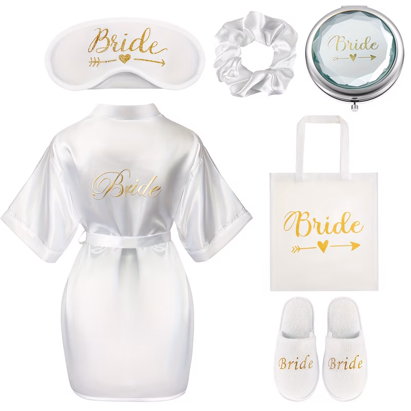 6pcs bride gifts bride dressing gown set white robe canvas bag slippers sleep eye mask scrunchie mirror and gift box for wedding proposal bridal shower style golden