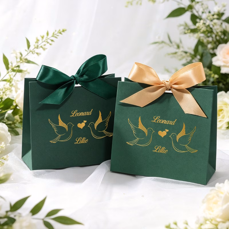 10pcs personalized mini wedding favor boxes with satin ribbon bow custom couple names gift boxes elegant and heart design for wedding reception engagement party bridal shower and anniversary celebrati