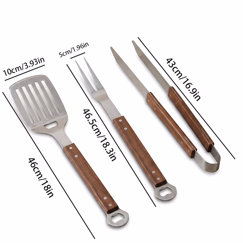 bbq accessories grill set with spatula fork tongs heavy duty acacia wood handle outdoor set outdoor barbecue utensils fathers day gift for dad husband men him or boyfriend