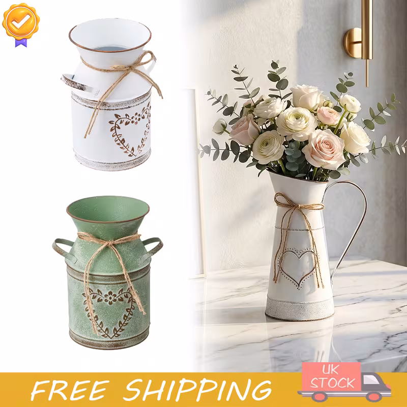 1pc rustic farmhouse metal pitcher vase with heart pattern primitive design vintage shabby chic milk jug flowers not included for wedding christmas centerpiece cylindrical flower vase for party or cou