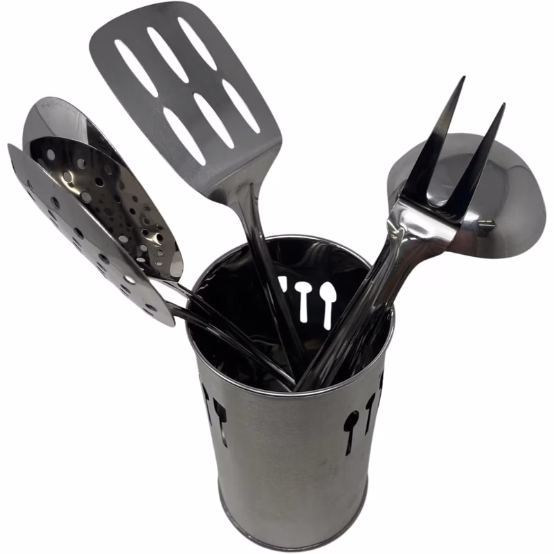 6 piece stainless steel kitchen utensil set with storage caddy