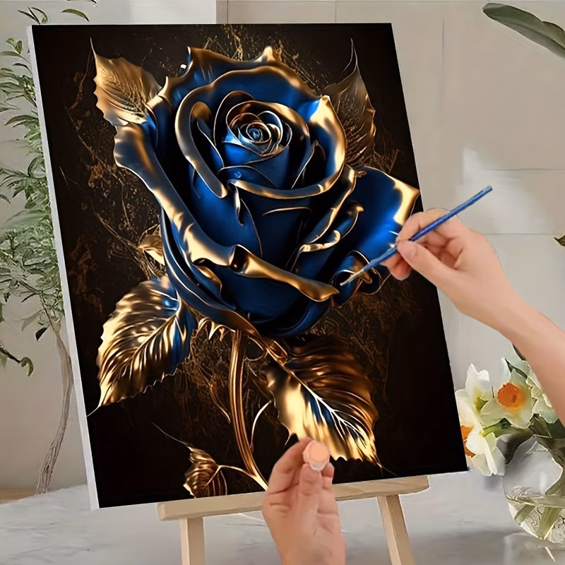 professional art use 1pc diy paint by numbers kit art gift painting by numbers acrylic paints canvas 3 paintbrushes and manual acrylic painting blue and golden rose with metallic texture and dark patt