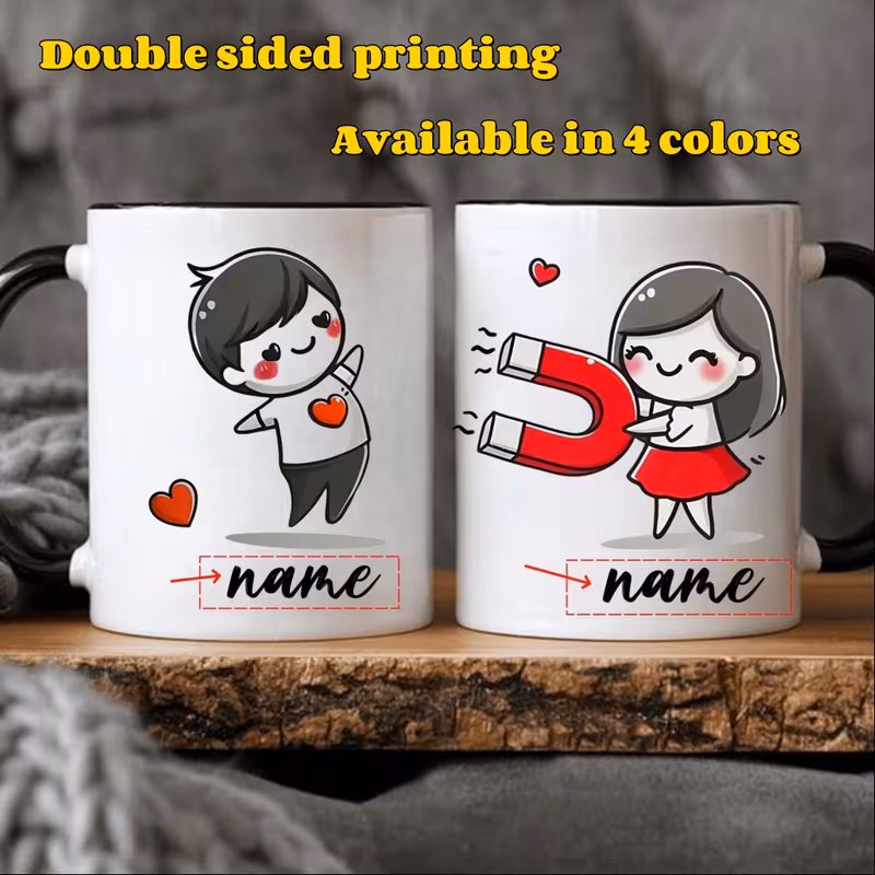 2pcs 11oz personalized couple coffee mugs double sided printing 4 color options custom names romantic gift for christmas anniversary dishwasher safe mugs for couples husbands wives heart motif cartoon