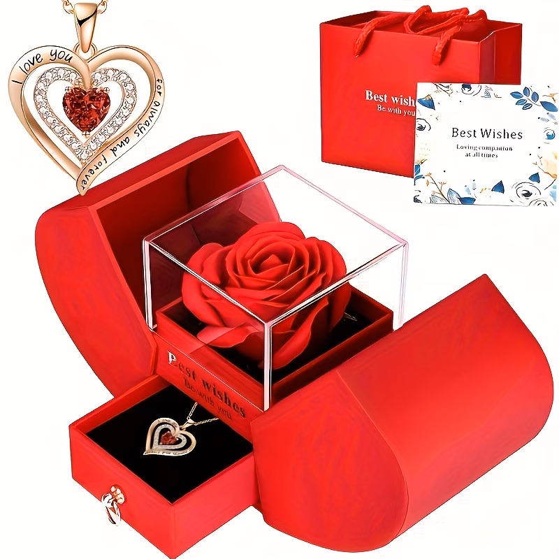 1 set of elegant and double layer red heart pendant necklace with rose gift box and greeting card for holidays such as christmas thanksgiving valentines day birthdays mothers day fathers to school