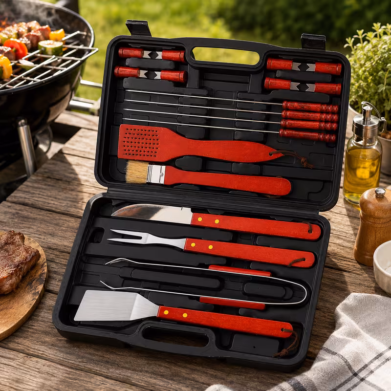 18pcs bbq tool set stainless steel grill accessories with wooden handles carry case for barbecue outdoor cooking and camping