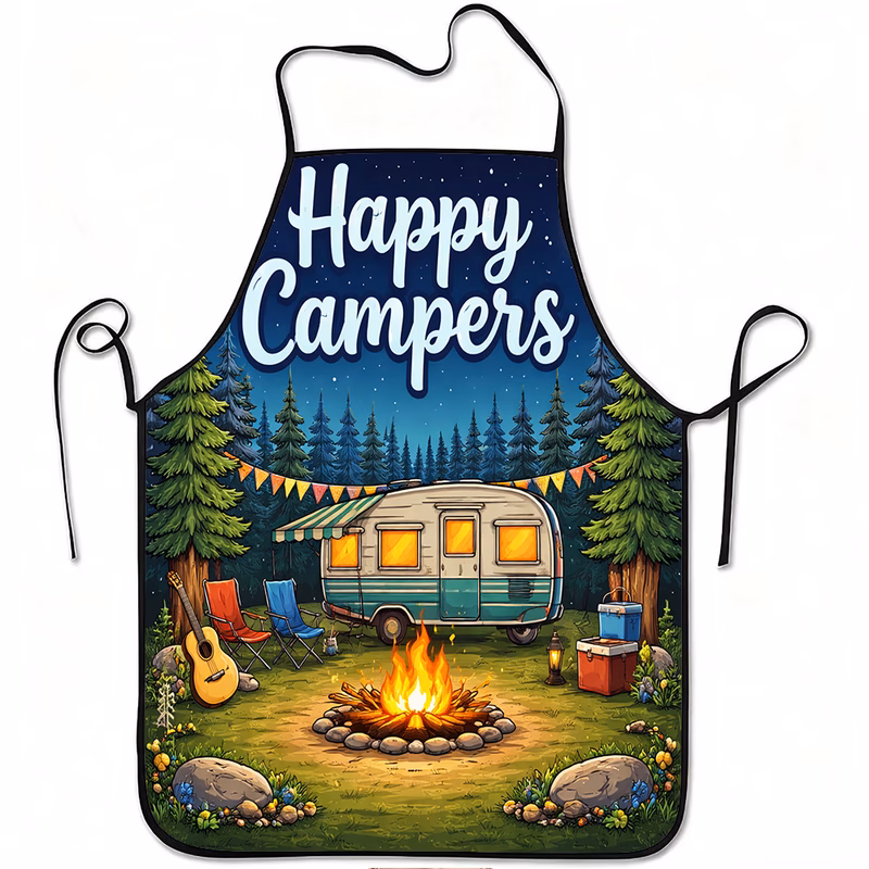 1pc 2d printed apron outdoor camping pattern apron durable and easy to clean adjustable waist tie polyester material machine washable and reusable kitchen and dining supplies work apron party apron su