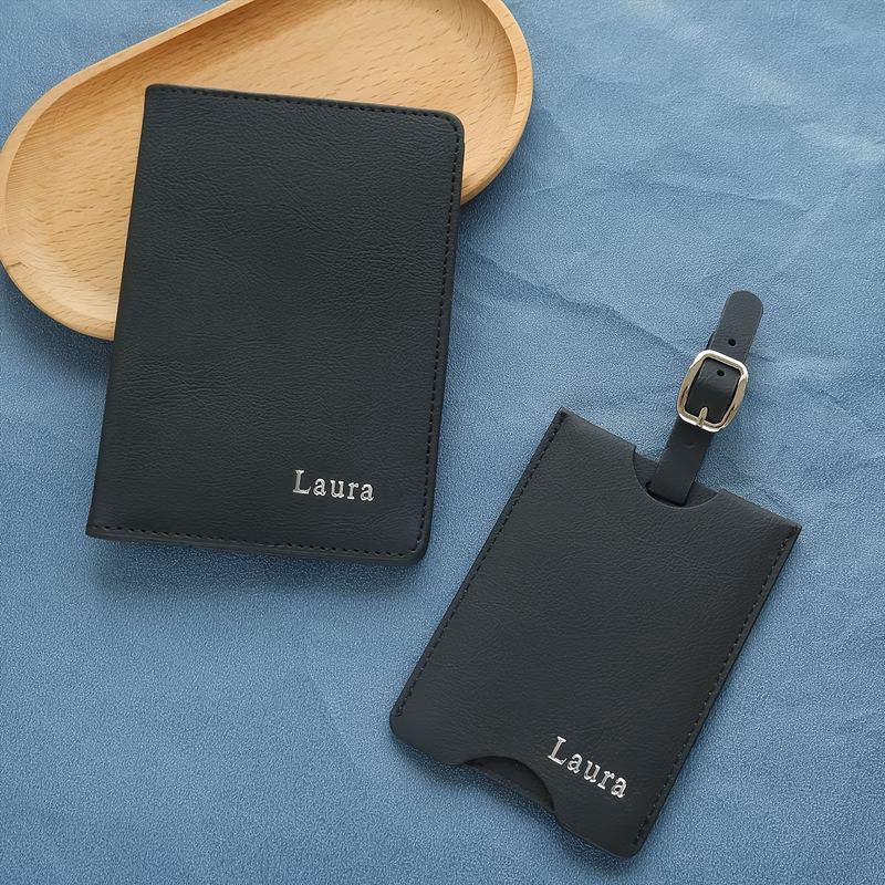a travel gift set that a personalized passport holder and luggage tag made from high quality synthetic faux leather it supports custom combinations of